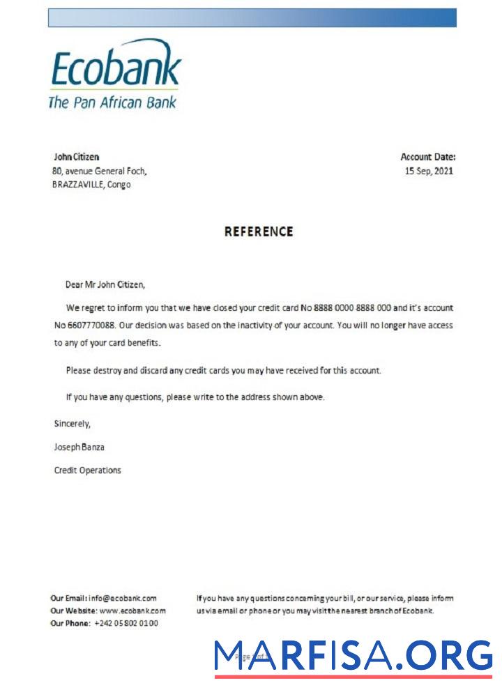 Printable Congo Ecobank closure reference sample